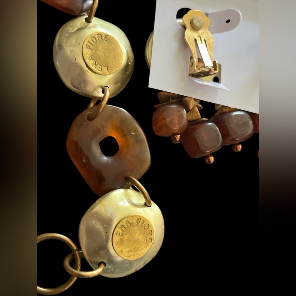 Vintage Matte Gold and Amber Colored Bracelet Clip OnEarrings Set by Lena Fiore - Picture 6 of 9